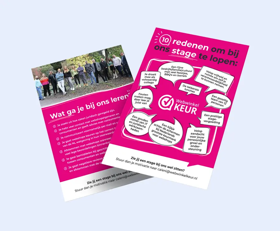 Flyer ontwerp webwinkelkeur '10 redenen om bij ons stage te lopen'