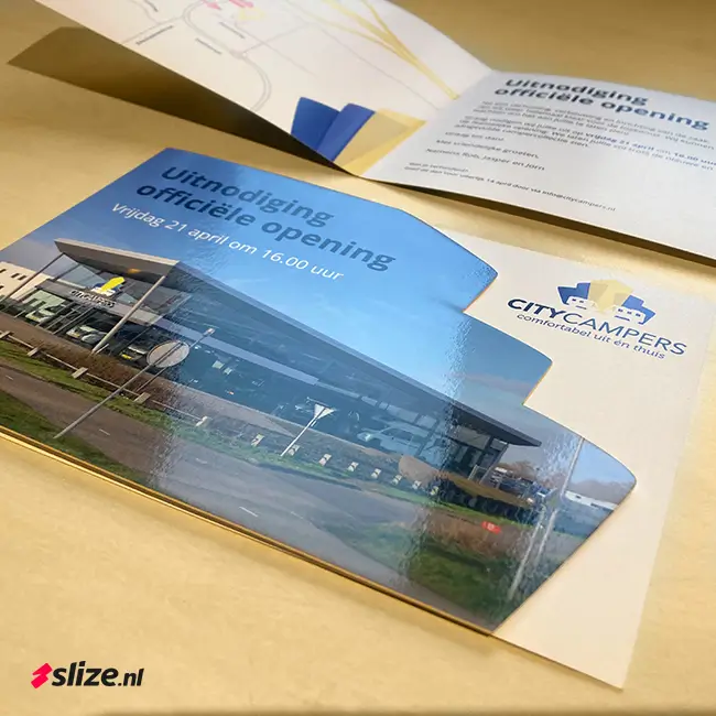 slize portfolio 2023 - gedrukte uitnodiging opening nieuwe pand citycampers oldenzaal